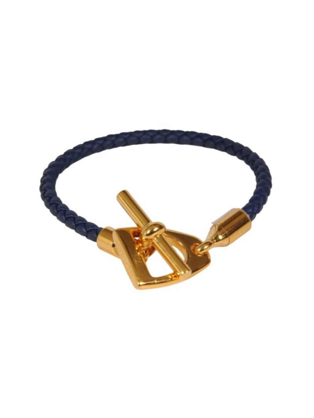 Hermes Womens Etrier Bracelet Blue Leather Bleu Marine Yellow Gold Plate
